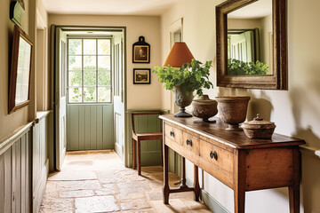 Old cottage hallway decor, interior design and house improvement, antique entryway furniture, stairway and entrance hall home decor in an English country house style, generative ai