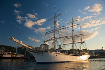 Tall ship docked in Bergen harbor; Bergen, Norway