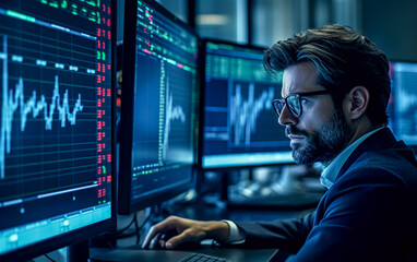 A stock trader is concentrated in front of the multi - screens that display stock market trends