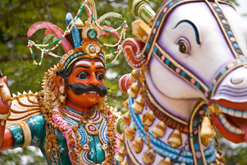 Ornate painted figure at a Hindu Temple in South India near Auroville; India