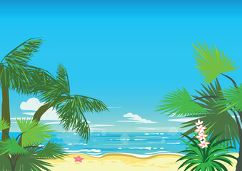 summer background with beautiful tropical landscape with palm tree and flowers, beach and shining sea for screensaver, banner or poster. Vector illustration.