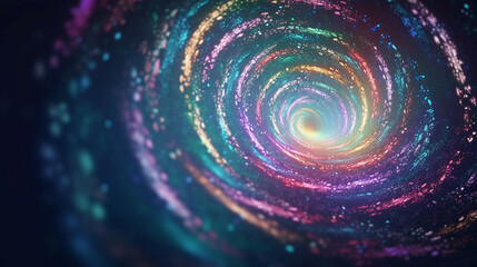 Redemoinho em espiral de pó de fada do arco-íris de faísca iridescente. Glitter shimmer galáxia girar. Fundo de fantasia mágica