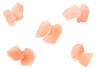 Himalayan pink rock salt isolated on white background, top view.