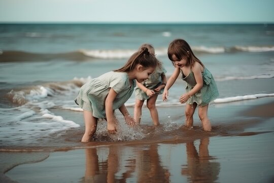 happy cute little girls play with water on beach. generative AI
