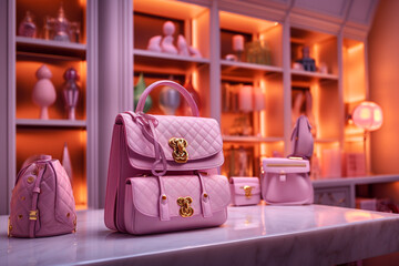 Luxury glamour woman`s handbag in the store. Super photo realistic background, generative ai illustration.