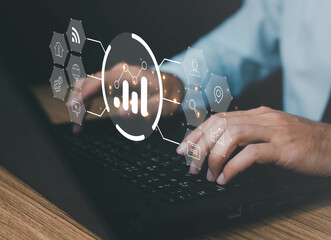 Businessman use laptop with icons for global data information technology exchange and innovation transformation concept.