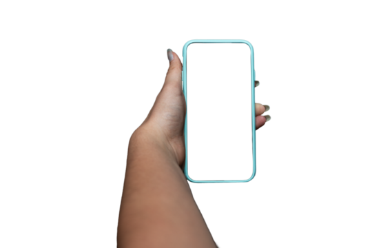 woman holding a mobile or cell phone , from her point of view , screen and background transparent ,mock up or template ,ideal for holiday photos .