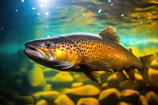 Brown Trout Swimming in Shallow Aqua-Coloured River