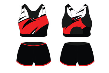 Sport Bra Apparel Specifications, front and back view Basic Colors Standard Uniform black and red template for design. Vector illustration