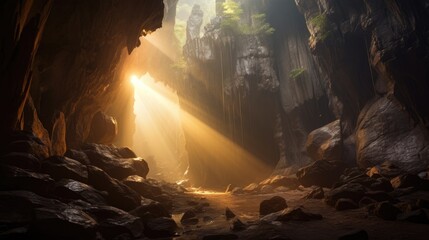 Inside the majestic cave during the early morning hours. Generative AI
