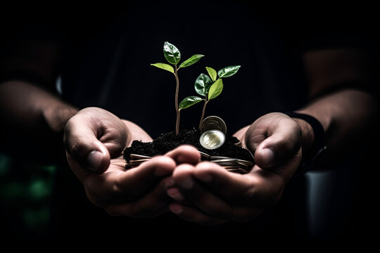 Árbol creciendo en las manos de um emprendedor