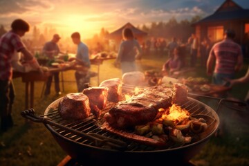 Illustration of people grilling and socializing around a barbecue in a backyard created with Generative AI technology