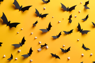 Obraz na płótnie Canvas Paper bats on an orange background, in the style of eerie Halloween compositions, vibrant orange tone.