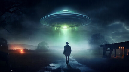 man detective investigationg a ufo at night with a green beam