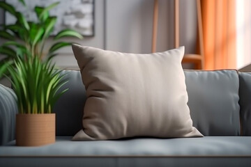 Pillow mockup. Modern living room interior design. Super photo realistic background, generative ai illustration.