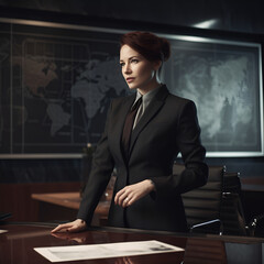 Depict a businesswoman in a power suit confidently negotiating a deal in a sleek boardroom,AI