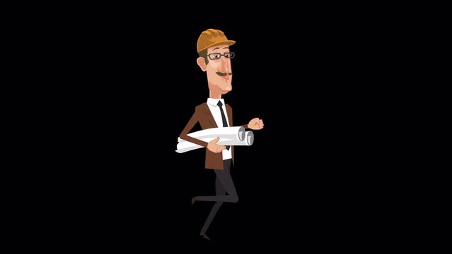 Cartoon design engineer character with rolls paper engineering drawings running cycle animation with alpha channel