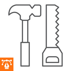 Hand saw and hammer line icon, outline style icon for web site or mobile app, construction and building, tools vector icon, simple vector illustration, vector graphics with editable strokes.