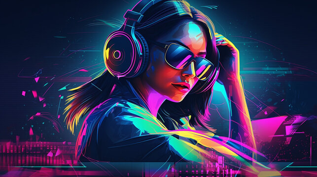 Ideia de design de capa de &aacute;lbum de m&uacute;sica. DJ quente em luzes de n&eacute;on. Cartaz de TDJ sexy na festa da boate. Mixtape ou capas de livros - baixe imagens de alta resolu&ccedil;&atilde;o para sua m&uacute;sica ou clipe de m