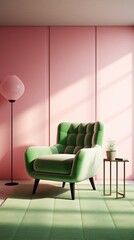 Minimalist Pink Bedroom with a Green Armchair Rug
