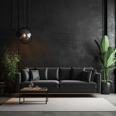 Home interior mock-up with sofa and décor, black stylish loft living room