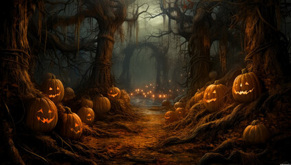 pumpkin forest Halloween wallpaper. In the style of dark chiaroscuro figurative paintings, photo-realistic landscapes.