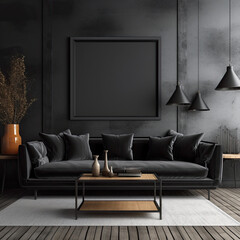 Home interior mock-up with sofa and décor, black stylish loft living room
