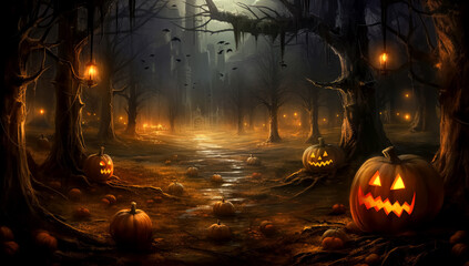 pumpkin forest Halloween wallpaper. In the style of dark chiaroscuro figurative paintings, photo-realistic landscapes.