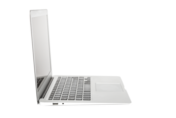 Side view of laptop with blank screen on transparent background