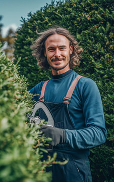 Gardener is trimming the hedges with an electric hedge trimmer