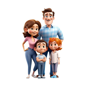 Happy cartoon family with father, mother, daughter and son. Cartoon clipart character on transparent background. Generative AI