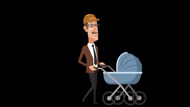 Cartoon design engineer character walking with baby pram animation with alpha channel