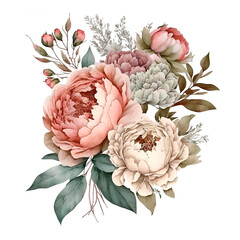 Watercolor bouquet of beige peonies Generative AI, png image.