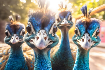group of funny Peacock making selfie standing upright and looking attentively at the camera ai generated art