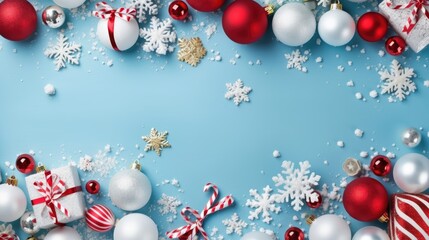 Merry Christmas and Happy Holidays greeting card, frame, banner. New Year. Winter xmas holiday theme. Flat lay, Bright color