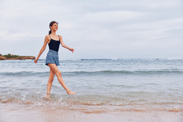 sea woman beach sunset lifestyle summer smile young travel sun running