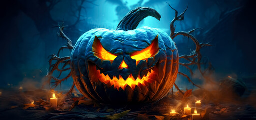 Halloween jack o lantern with bright face on dark blue background.