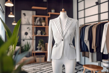 Fototapeta na wymiar Woman`s office suit in the clothing store. Super photo realistic background. Generative ai illustration.