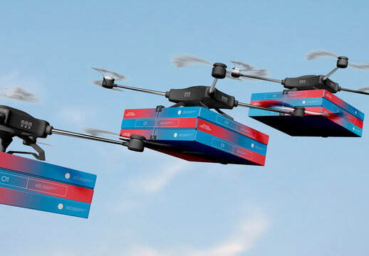 Flying Delivery Drone with Box Mockup
