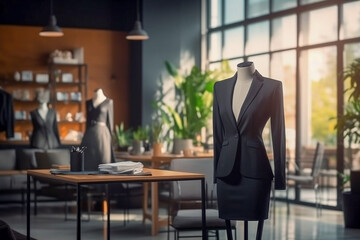 Woman`s office suit in the clothing store. Super photo realistic background. Generative ai illustration.