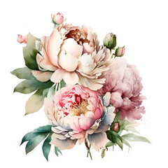 Watercolor bouquet of delicate beige peonies Generative AI, png image.