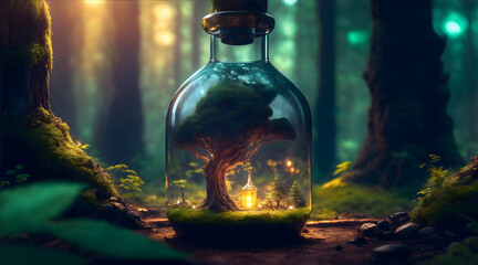 An intricate forest mini town landscape trapped in a bottle 