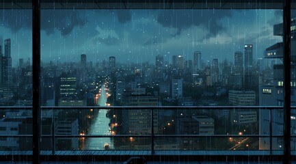 In this gloomy rain illustration, dark storm clouds dominate the sky, casting a somber tone over the entire scene.