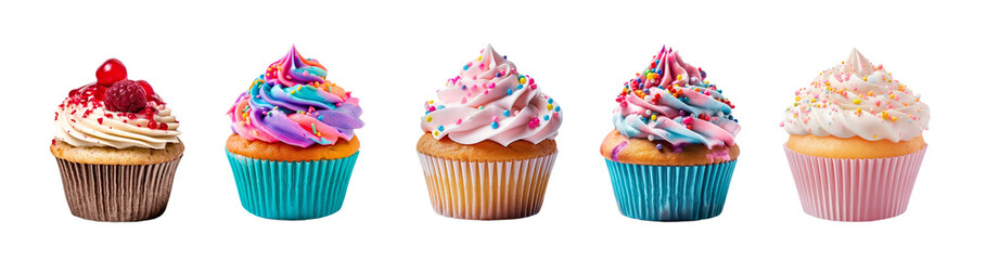 Collection set, assortment of colorful cupcakes  isolated on transparent  background, bakery sweet...