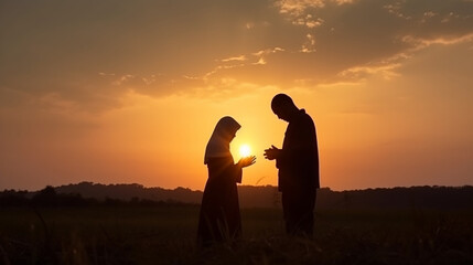 Fototapeta na wymiar silhueta de casal juntos em oração no por do sol, fé na família cristã