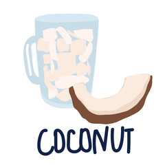 cup of Coconut, half fruit and leaves. Vector illustration cartoon flat icon isolated on white.