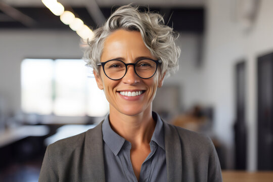 smiling woman with short gray hair and glasses in office portrait, made with generative ai