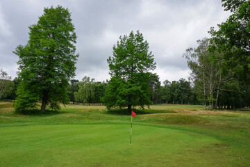 Golf course green with flag. Parkland golf course landscape. Sport and leisure activity  