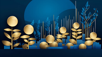 Abstract golden flowes in a blue background, wallpaper, circles, plants