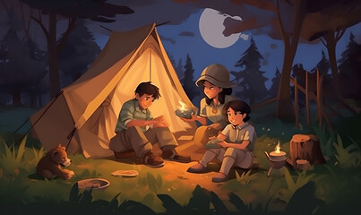 Family camping at night by the fire, forest, camp fire, trees, wilderness, tent